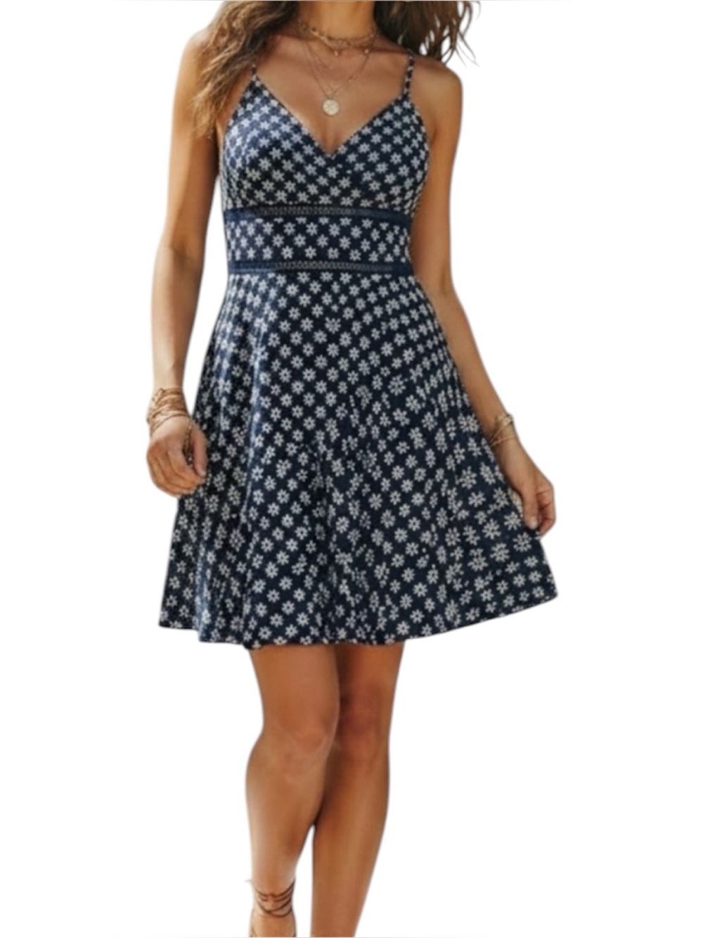 Trixxi Eyelet Skater Navy White Floral Mini Dress V Neck Sz M Fit & Flare Boho